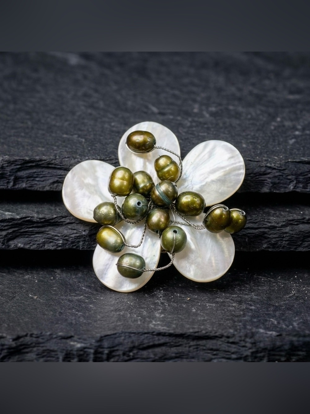 Vintage 80s Mother of Pearl Flower Olive Green Baroque Freshwater Pearl Brooch